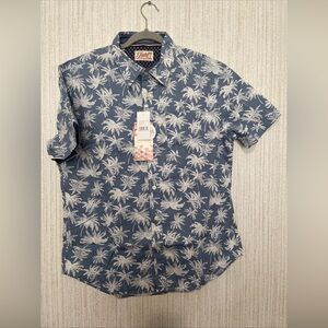 NWT Jachs New York Medium Blue Tropical Pam Tree Print Short Sleeve Button Up